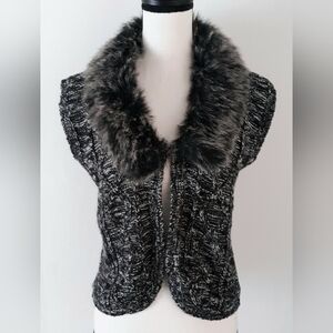 Cato Black and Gray Knit Sweater Cardigan with Faux Fur Collar